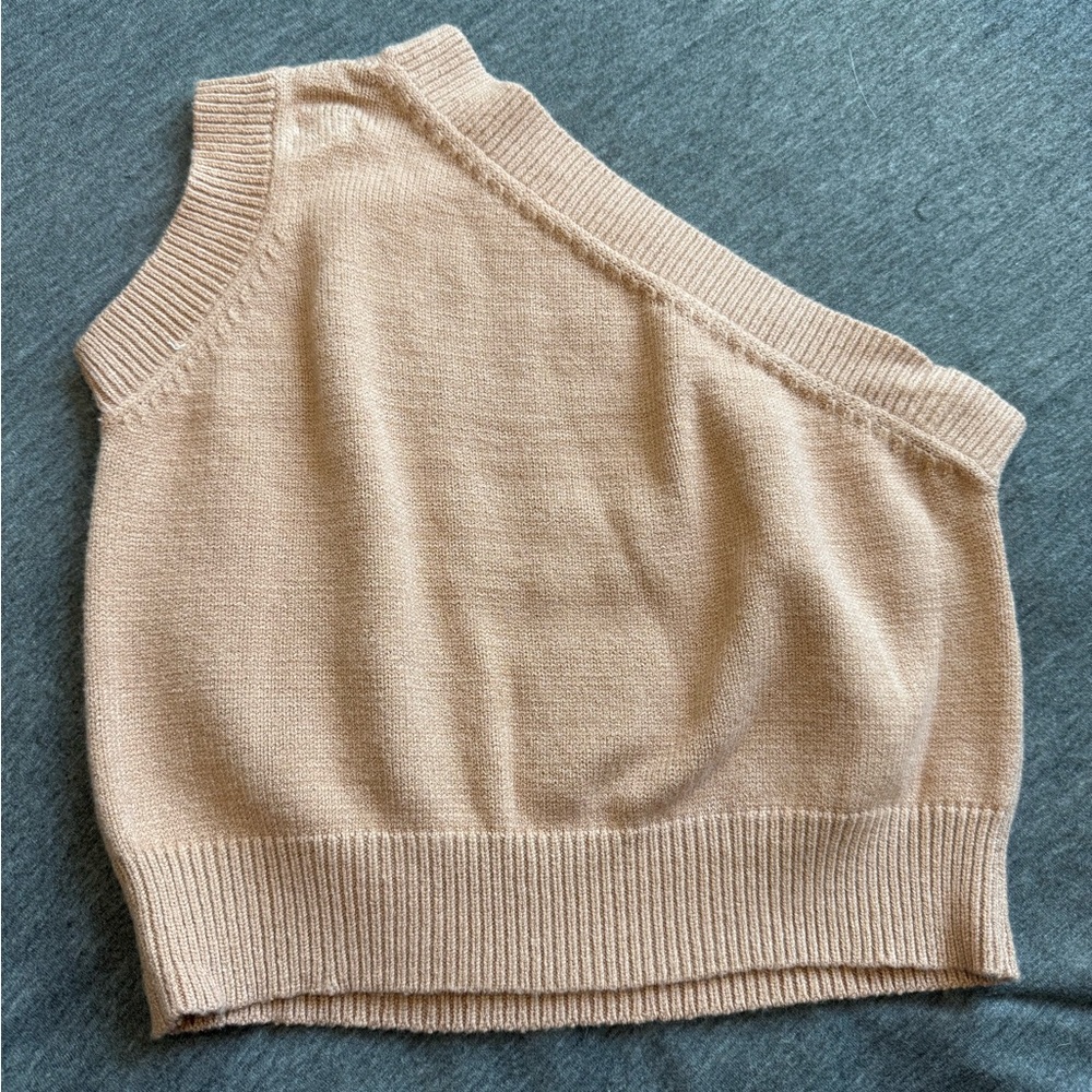 One-Shoulder Tan/Beige Cropped Sweater Top - Picture 2 of 4